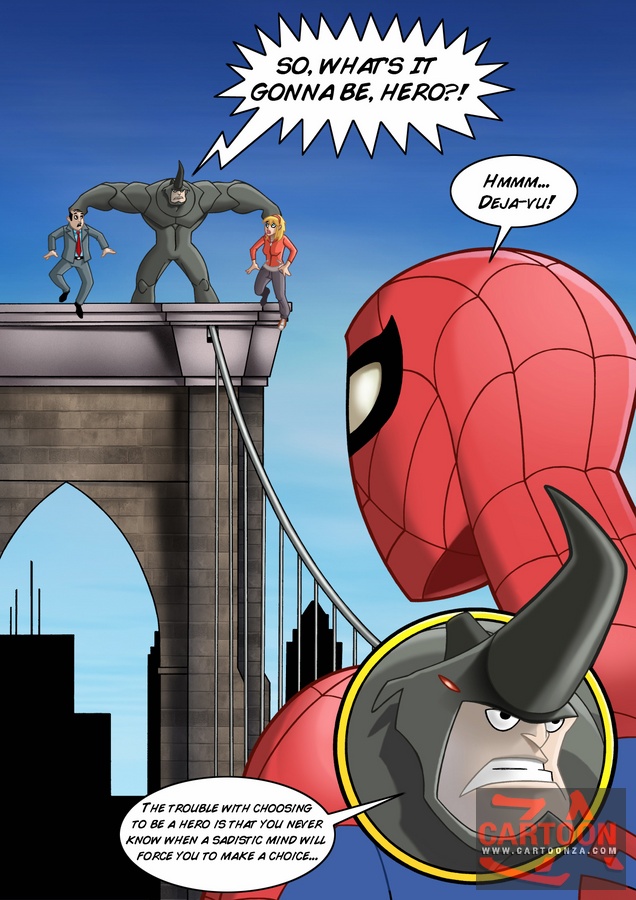 Nasty blonde in a red jumper paying Spiderman - Cartoon Sex - Picture 1