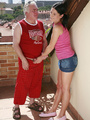 Teen girlfriends caught fucking with her bf's father on a patio. Tags: Shaved vagina, cock sucking, old young, pussy licking.