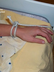 Horny blonde girl Linda gets tied spread on the bed and manhandled by .. - picture 2