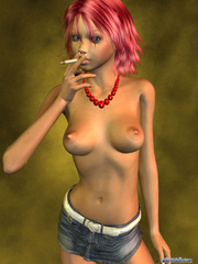 Chick with pink hair in jeans shorts smoking - Cartoon Porn Pictures - Picture 1