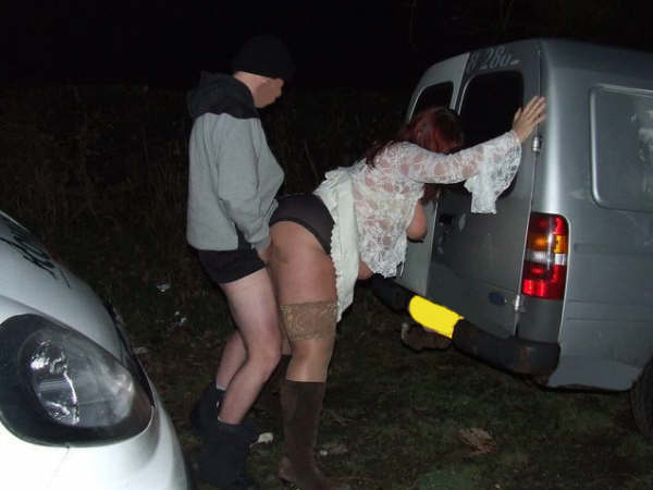 Busty red whore in high boots resting against the car when doggystyled - XXXonXXX - Pic 1