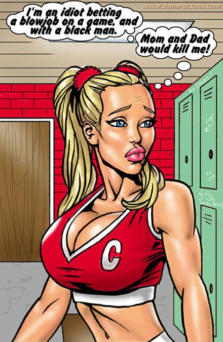 Blonde cartoon cheerleader in red outfit practicing - Picture 1