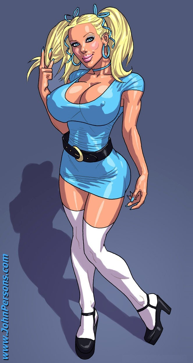 Lusty blonde toon babe in blue dress tasting her - Picture 1