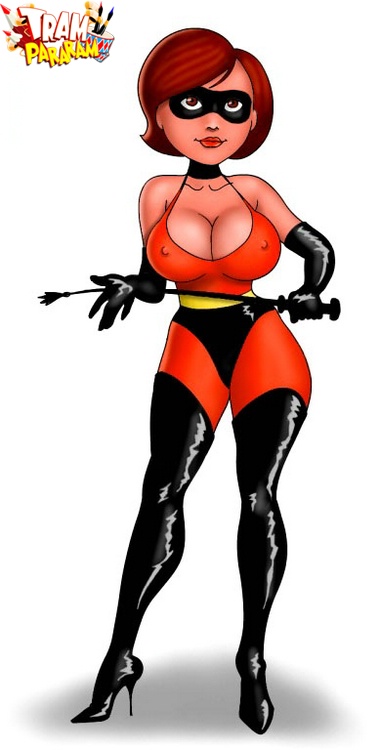 Cartoon busty hero Helen Parr takes two cocks in her mouth at the same..
