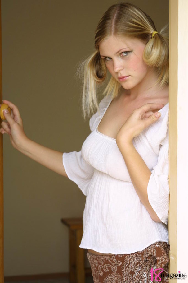 A mischievous blond goes naughty with her white blouse alluring showing some skins - XXXonXXX - Pic 1