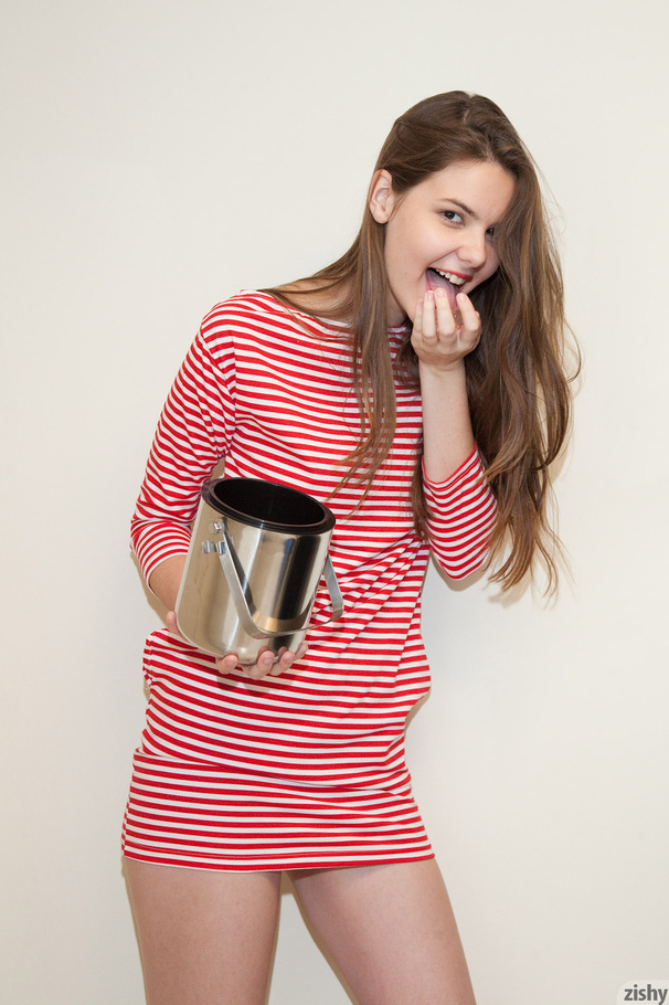 Mischievous long-haired cutie in a striped  - XXX Dessert - Picture 1
