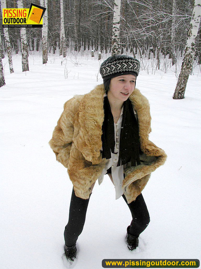 Cute white teen in fur coat, shirt and pantyhose takes an piss in the snow - XXXonXXX - Pic 3