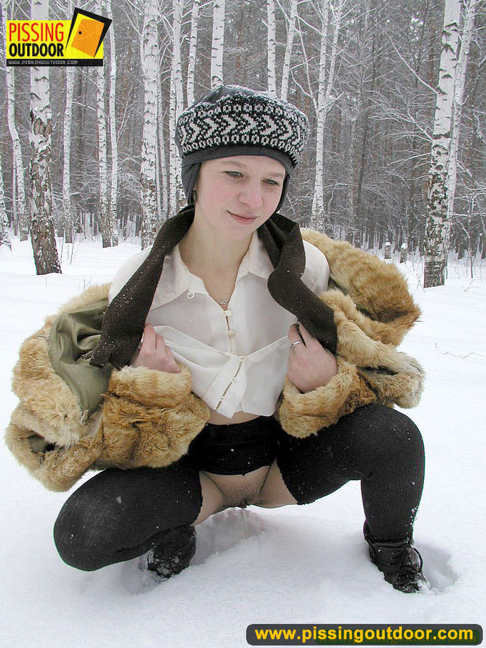 Cute white teen in fur coat, shirt and pantyhose takes an piss in the snow - XXXonXXX - Pic 8