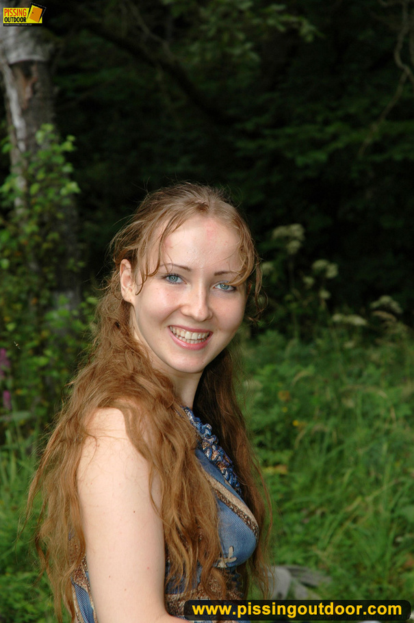 Long hair babe looking sweet climbs an old table in forest to spray hot piss - XXXonXXX - Pic 2