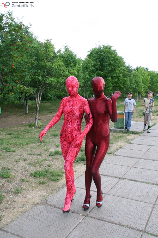 Two Horny Red Zentai Wearing Chick Exposing Xxx Dessert Picture