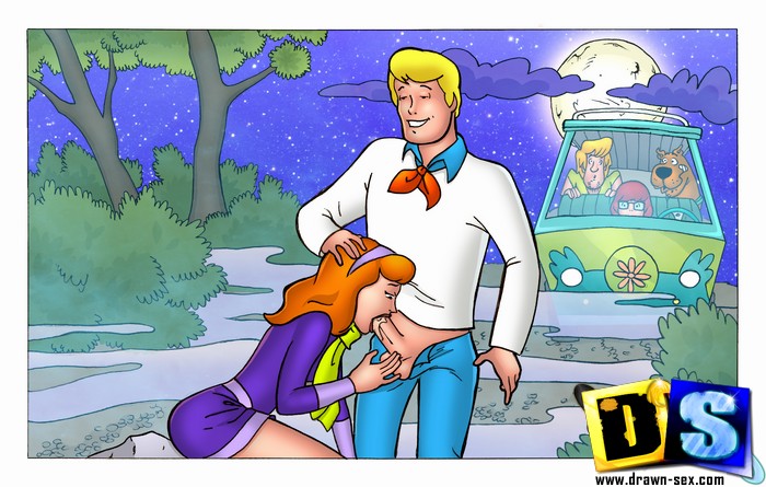 Cute Daphne sucking Fred's dick and joins Velma for hot ...
