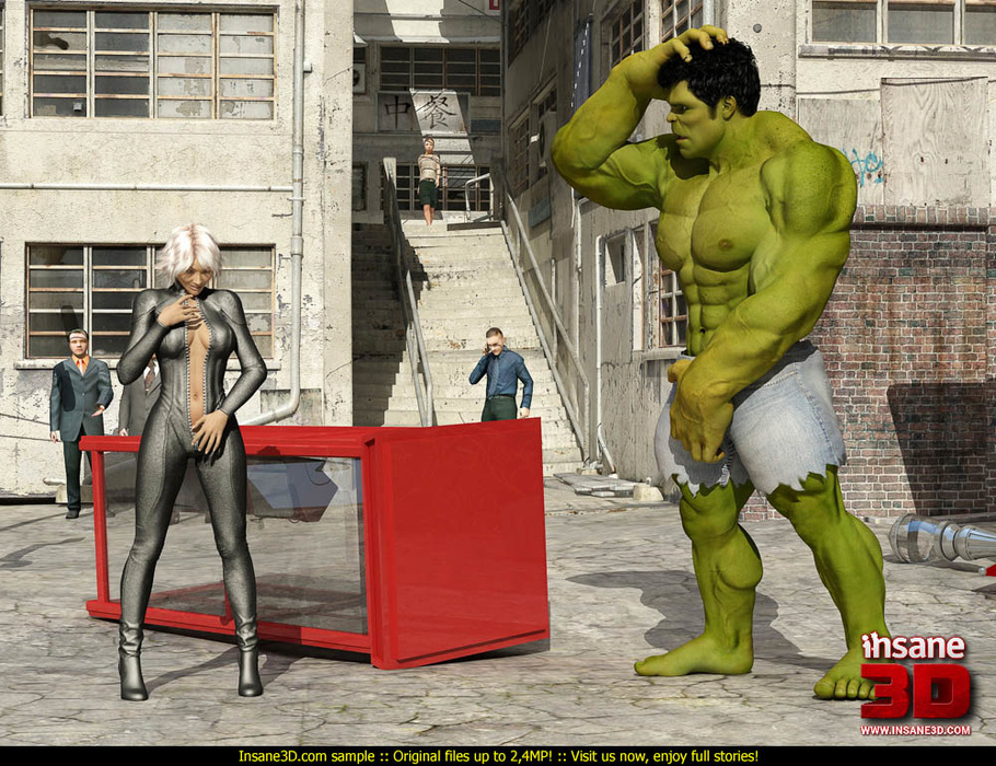 Sexy blonde vixen in a tight suit fucking with overboard 3D Hulk ...