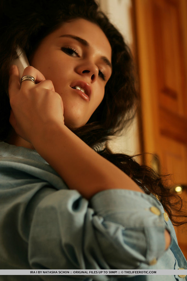 Curly-haired brunette in a blue shirt and w - XXX Dessert - Picture 4