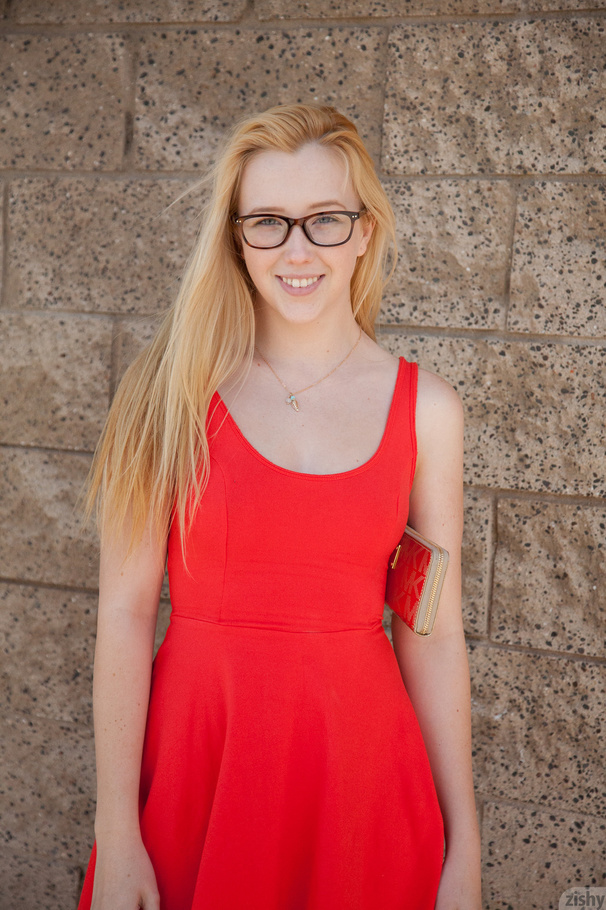 Fair-haired nerdy chick in a red dress take - XXX Dessert - Picture 2