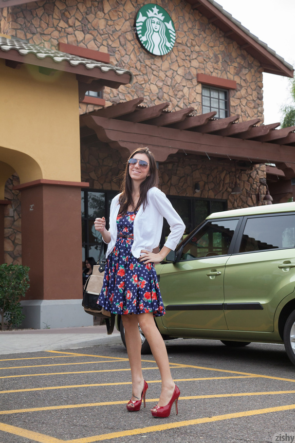 Lovely brunette coed in a floral dress and  - XXX Dessert - Picture 1
