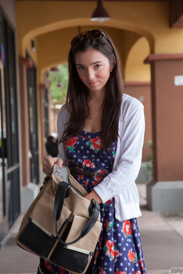 Lovely brunette coed in a floral dress and  - XXX Dessert - Picture 2