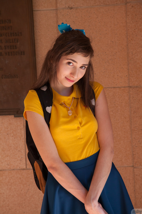 Brunette coed in a blue skirt and hair bow  - XXX Dessert - Picture 8
