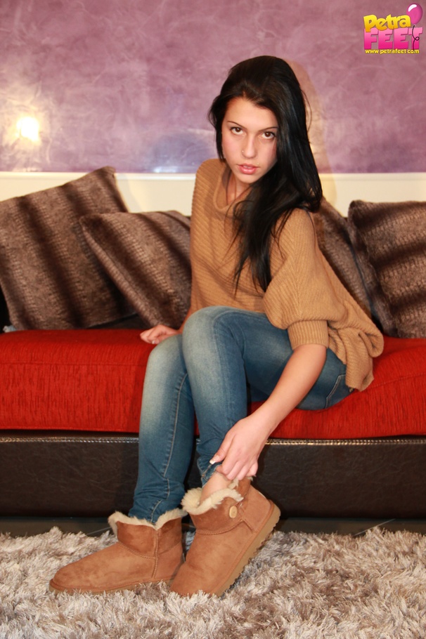 Adorable bitch gets out of her brown booties to show her stockinged feet. - XXXonXXX - Pic 2