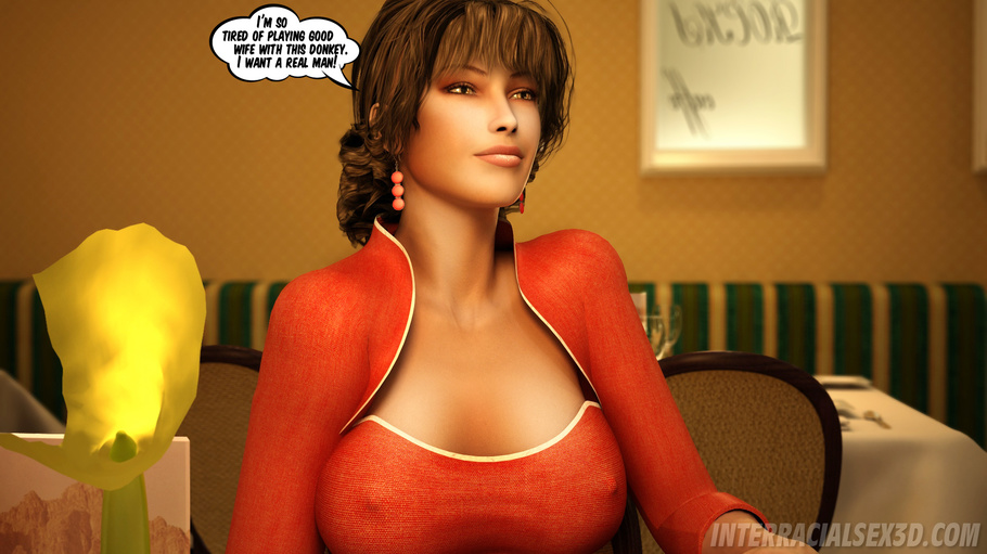 3d Cartoon Sex Black - Big-titted brunette in a red dress seduces two black lads to ...
