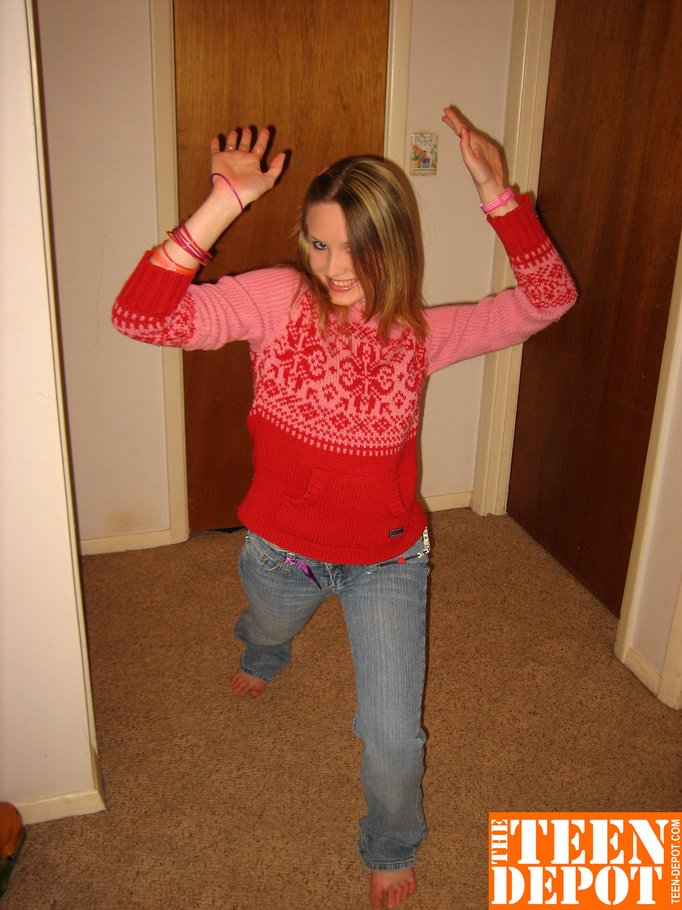 Cute teen hottie takes off her pink and red sweater and blue jeans then bares her skinny body and hot ass before she removes her pink and white thong and rubs her pussy in different positions by a door. - XXXonXXX - Pic 4