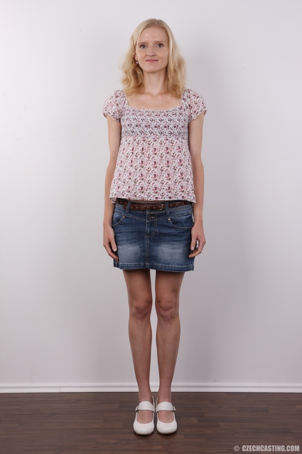 Skinny blonde in floral blouse, jeans skirt - XXX Dessert - Picture 2