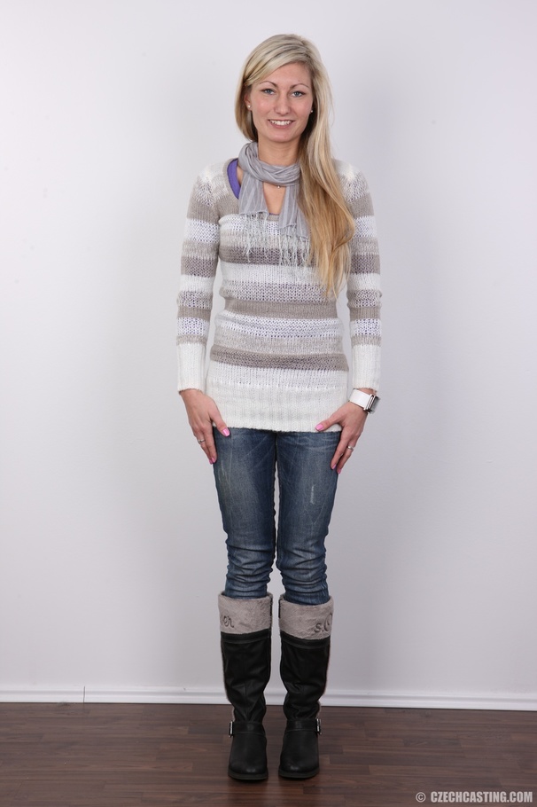 Skinny blonde in multi-gray stripe sweater, - XXX Dessert - Picture 2