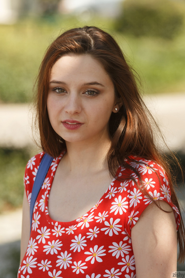 Lovely brunette teen in a red floral dress  - XXX Dessert - Picture 1