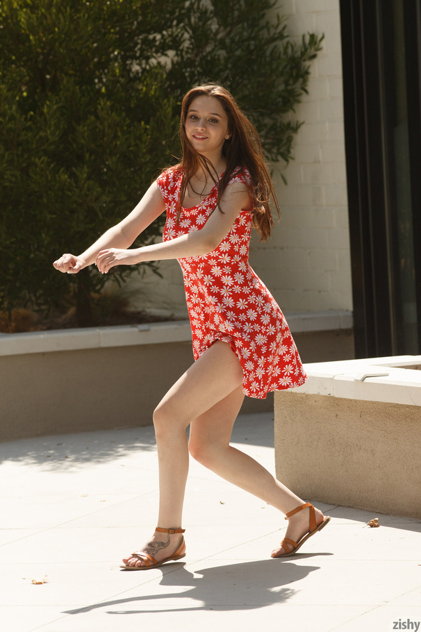Lovely brunette teen in a red floral dress  - XXX Dessert - Picture 7