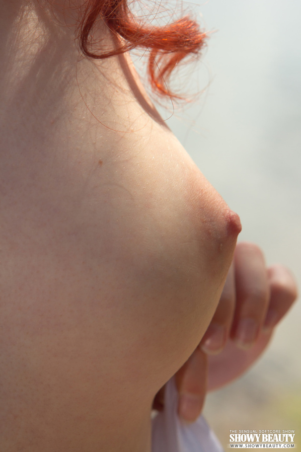 Sweet redhead slowly peels off her white dress and displays her skinny body with small tits and sweet pussy in different poses by the lake. - XXXonXXX - Pic 2