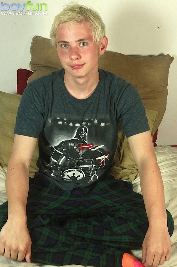 Nerdy blonde teen jerking off his big cock with his vibrator - XXXonXXX - Pic 1