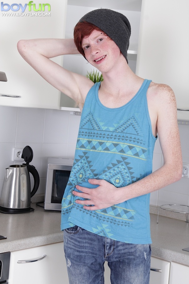 Shaved ginger teen spreads his ass and masturbates in the kitchen - XXXonXXX - Pic 1