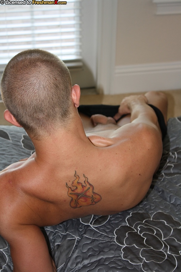 Bald stud opens his white polo and expose his hunk body outdoor before he goes inside, lays down on a gray bed, strips off his jeans and black brief then pumps his dick with a clear flesh light. - XXXonXXX - Pic 10