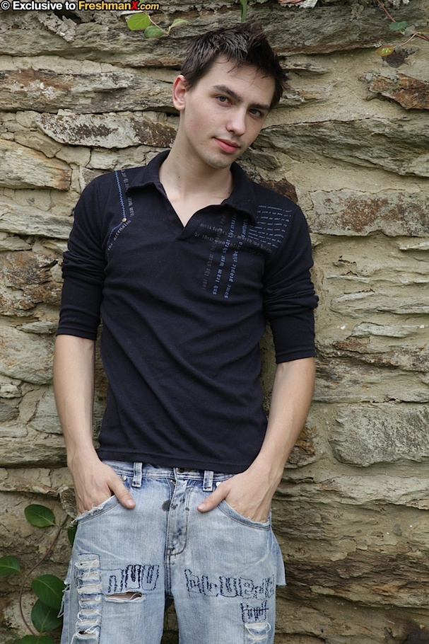 Handsome gay goes out and peels off his black shirt then shows his skinny body before he strips down his jeans and pulls his dick out of his black brief. - XXXonXXX - Pic 2