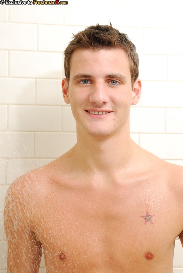 Skinny dude pose naked while he gets wet before he pumps his huge dick with soap in a white tub. - XXXonXXX - Pic 1