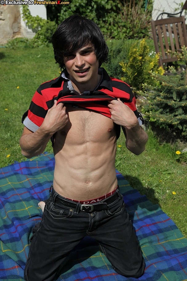 Gorgeous dude peels off his black and red striped shirt and teases with his rock hard body before he peels down his black jeans and maroon boxers then pumps his jizz out on a green and blue checkered blanket outdoor. - XXXonXXX - Pic 3