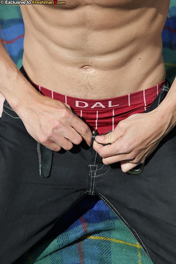 Gorgeous dude peels off his black and red striped shirt and teases with his rock hard body before he peels down his black jeans and maroon boxers then pumps his jizz out on a green and blue checkered blanket outdoor. - XXXonXXX - Pic 4