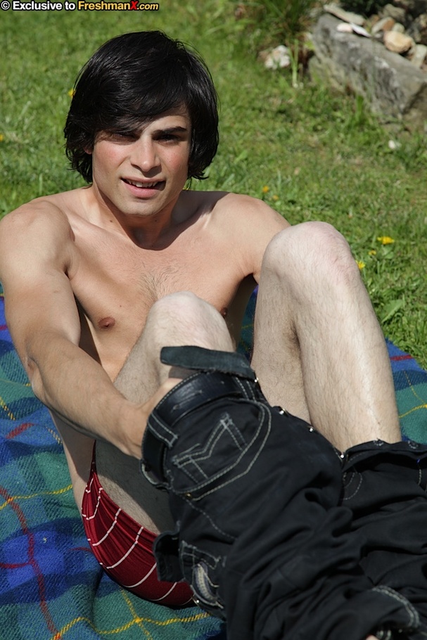 Gorgeous dude peels off his black and red striped shirt and teases with his rock hard body before he peels down his black jeans and maroon boxers then pumps his jizz out on a green and blue checkered blanket outdoor. - XXXonXXX - Pic 5