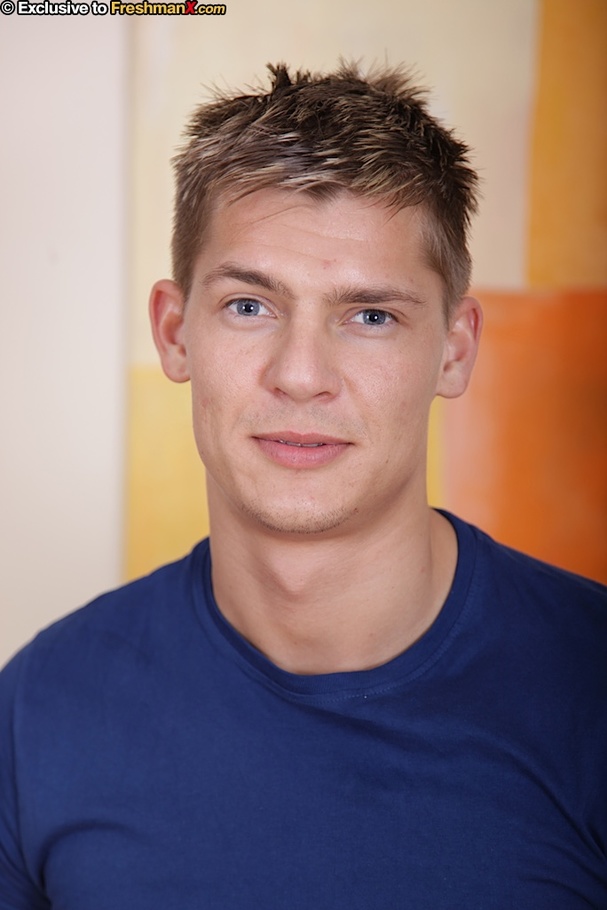 Muscular guy peels off his blue shirt and expose his big stoney body before he takes down his jeans and black brief and jerks off on a brown couch. - XXXonXXX - Pic 1