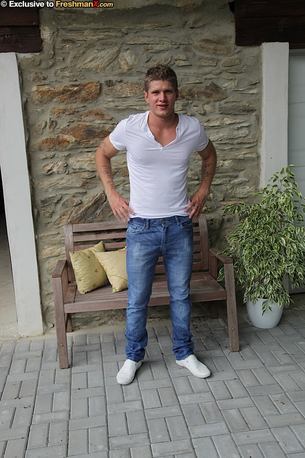 Hunk stud displays his huge body on a wooden bench before he peels off his white shirt and jeans and expose his hunk body then pulls down his black brief and shows his large dick as he pose naked outdoor. - XXXonXXX - Pic 1