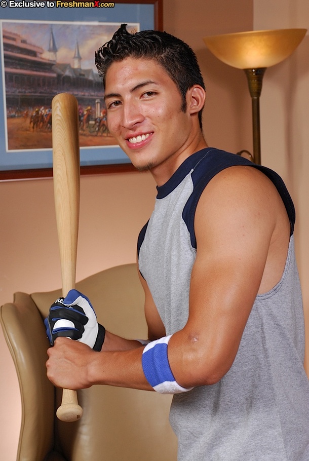 Hot baseball stud peels off his gray shirt and red shorts then teases with his hunk body before he pulls down his white cycling pants and pumps his huge dick hard on a brown couch. - XXXonXXX - Pic 2