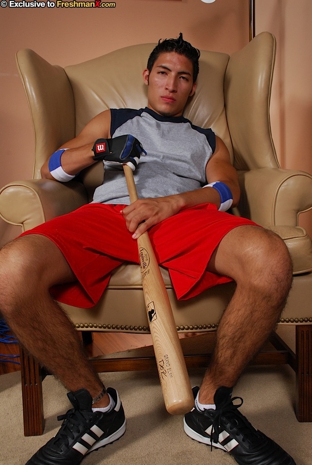 Hot baseball stud peels off his gray shirt and red shorts then teases with his hunk body before he pulls down his white cycling pants and pumps his huge dick hard on a brown couch. - XXXonXXX - Pic 3