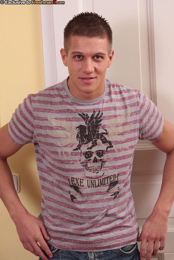 Sweet dude peels off his purple and gray shirt then teases with his strong hard muscles before he takes down his jeans and orange and yellow brief then strokes his big cock on a black chair. - XXXonXXX - Pic 1