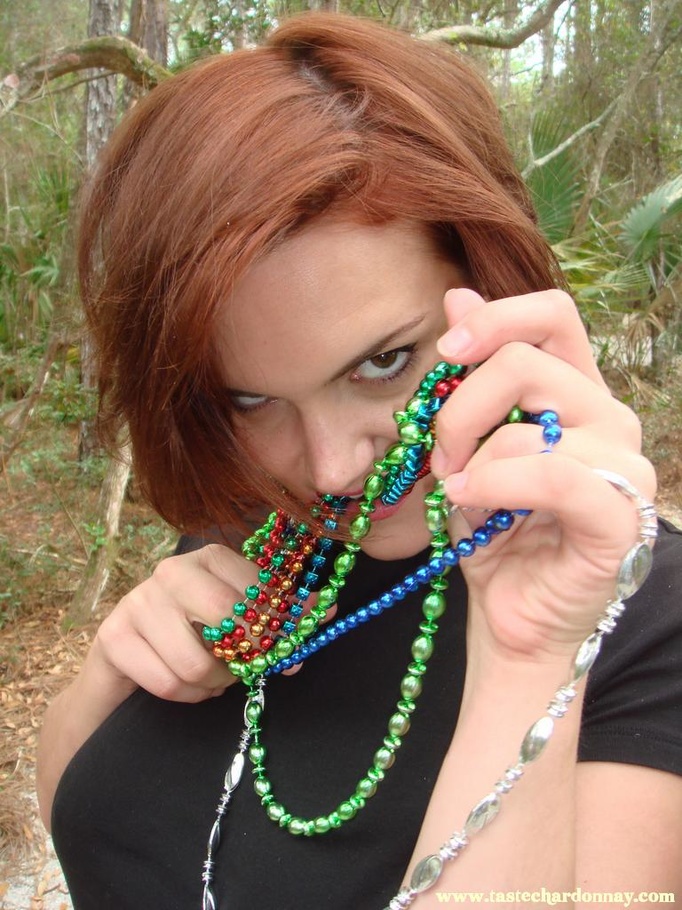 Party redhead in colored beads, jeans and b - XXX Dessert - Picture 2