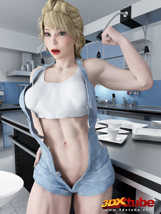 Muscular babe strips naked on her kitchen top to - Picture 2