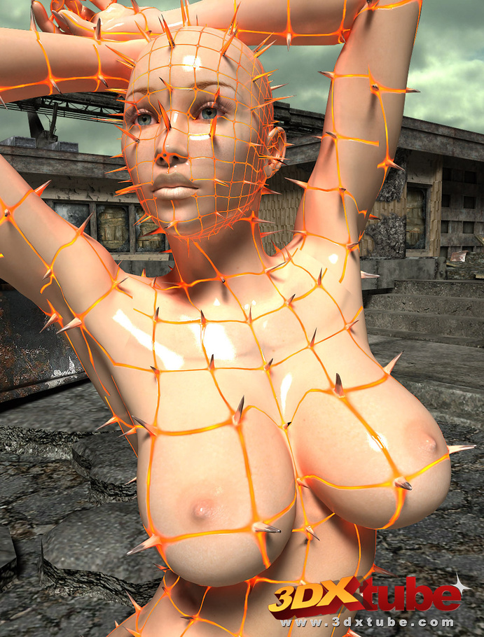 Babe with big boobs in orange fishnet poses - Picture 5