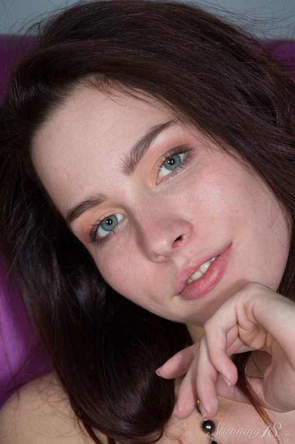 Skinny white brunette on purple couch wears - XXX Dessert - Picture 16