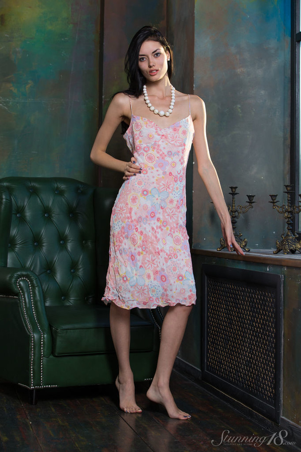 Brunette in pink floral gown undress slowly - XXX Dessert - Picture 1