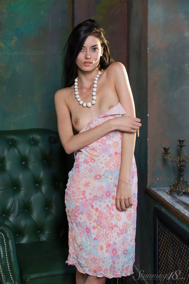 Brunette in pink floral gown undress slowly - XXX Dessert - Picture 5