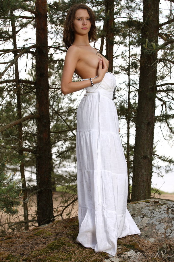 Curly haired brunette in white gown strips  - XXX Dessert - Picture 5
