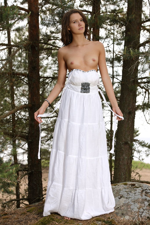 Curly haired brunette in white gown strips  - XXX Dessert - Picture 6